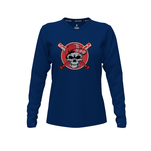 [CUS-DFW-TEES-PER-VNK-LSL-NVY-FYXS-LOGO3] Performance T-Shirt (Female Youth XS, Navy, V Neck, Logo 3, Long Sleeve)